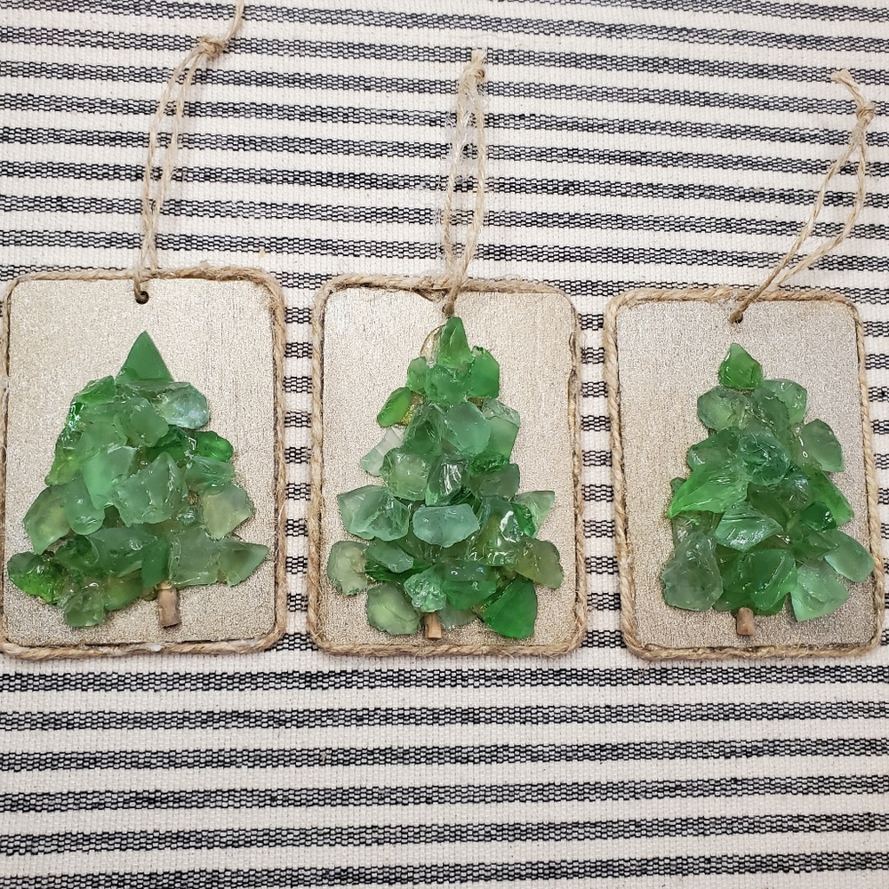 Green Glass on Antique Brass Painted Wood Holiday Tree Ornaments Set of 3, 3.5"
